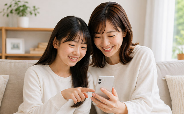 親子でスマホを見ている
